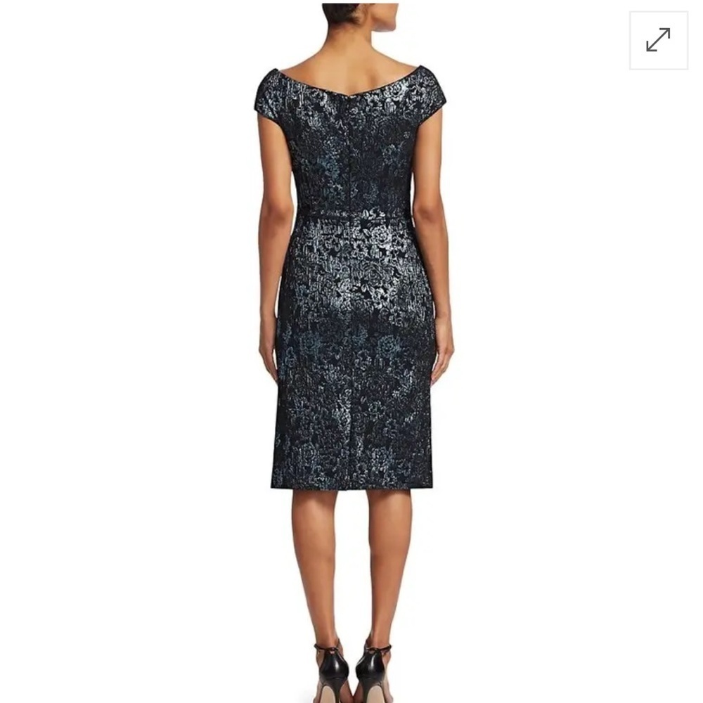 RICKIE FREEMAN FOR TERI JON Off-Shoulder Ruched Jacquard Sheath Dress - Picture 3 of 8